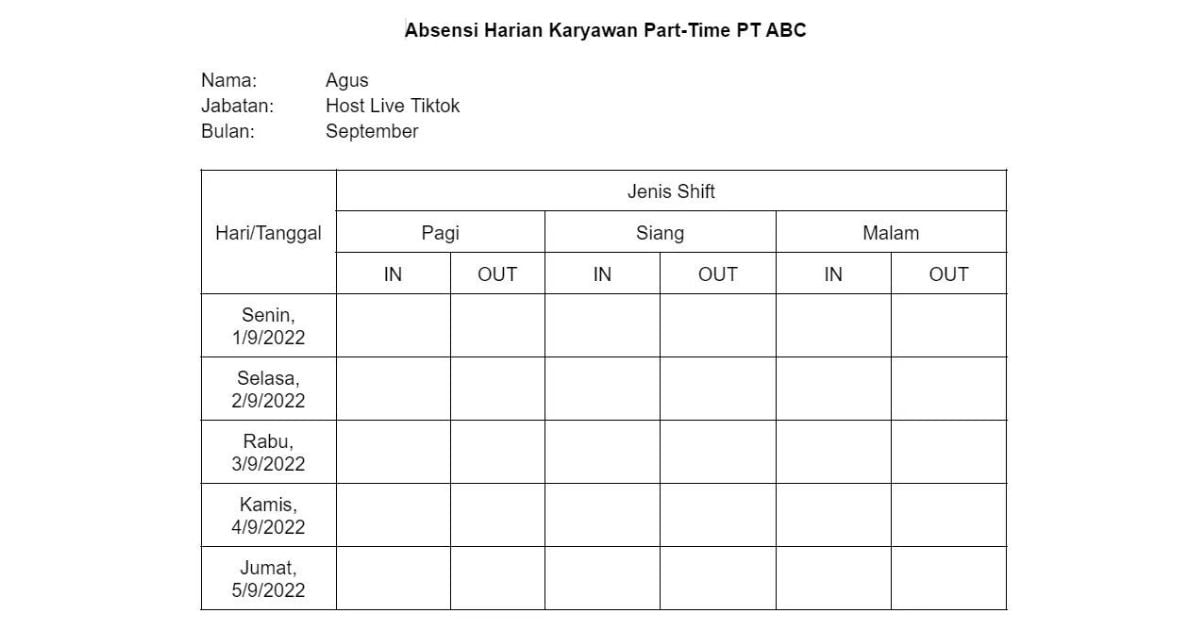 Contoh Absensi Karyawan Harian Manual 