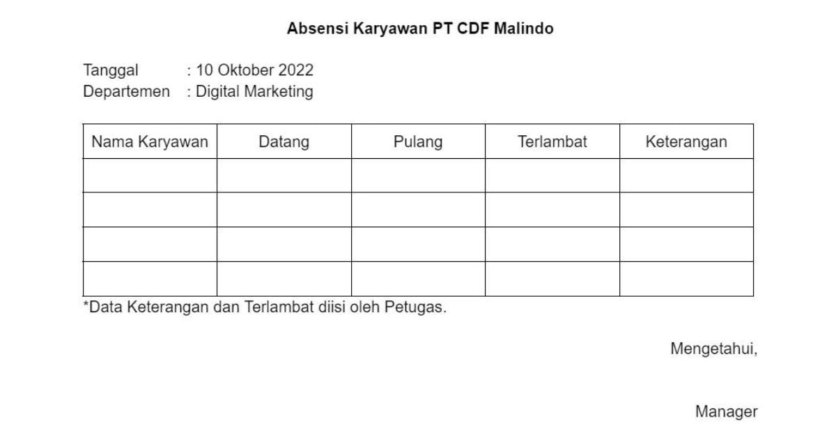 Contoh Absensi Karyawan Harian Manual 