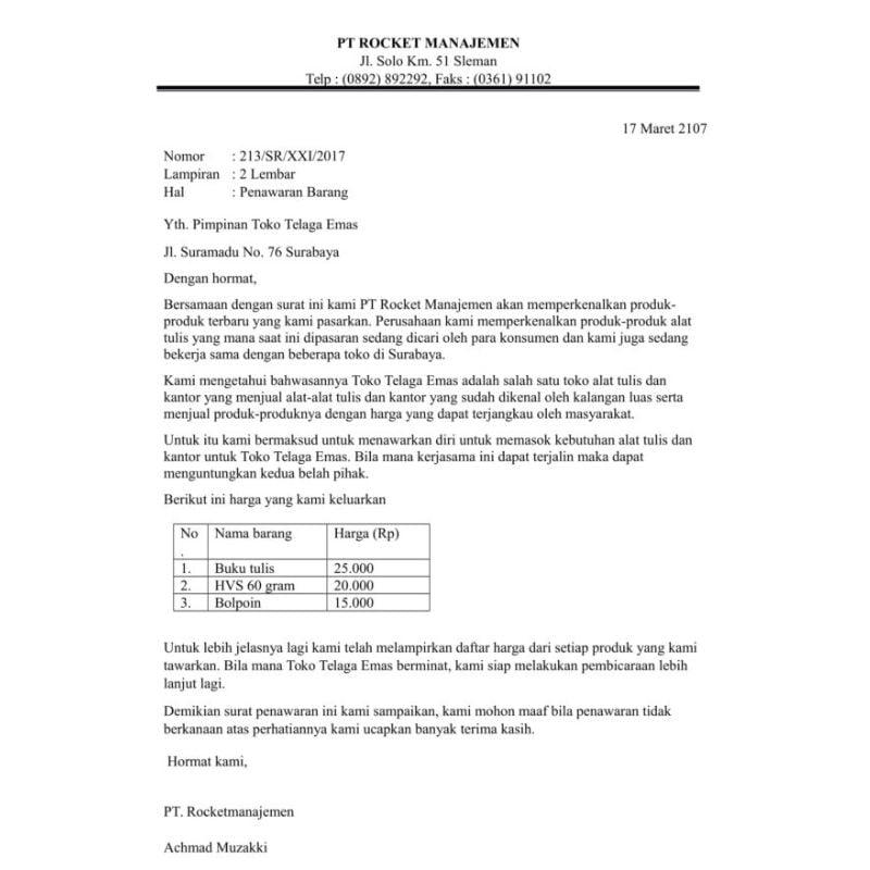 contoh surat penawaran barang 1