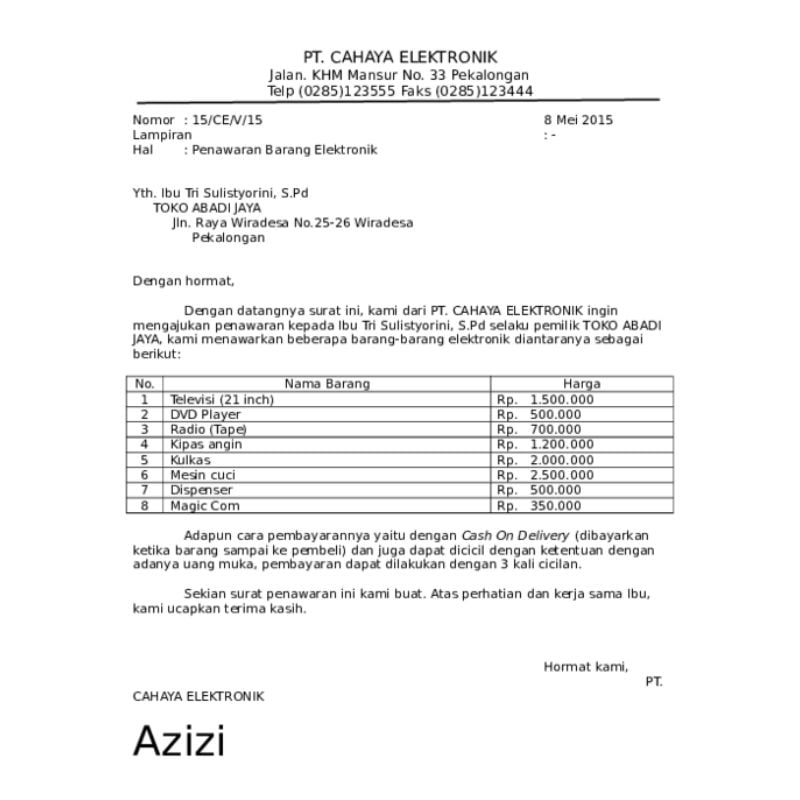 contoh surat penawaran barang 2